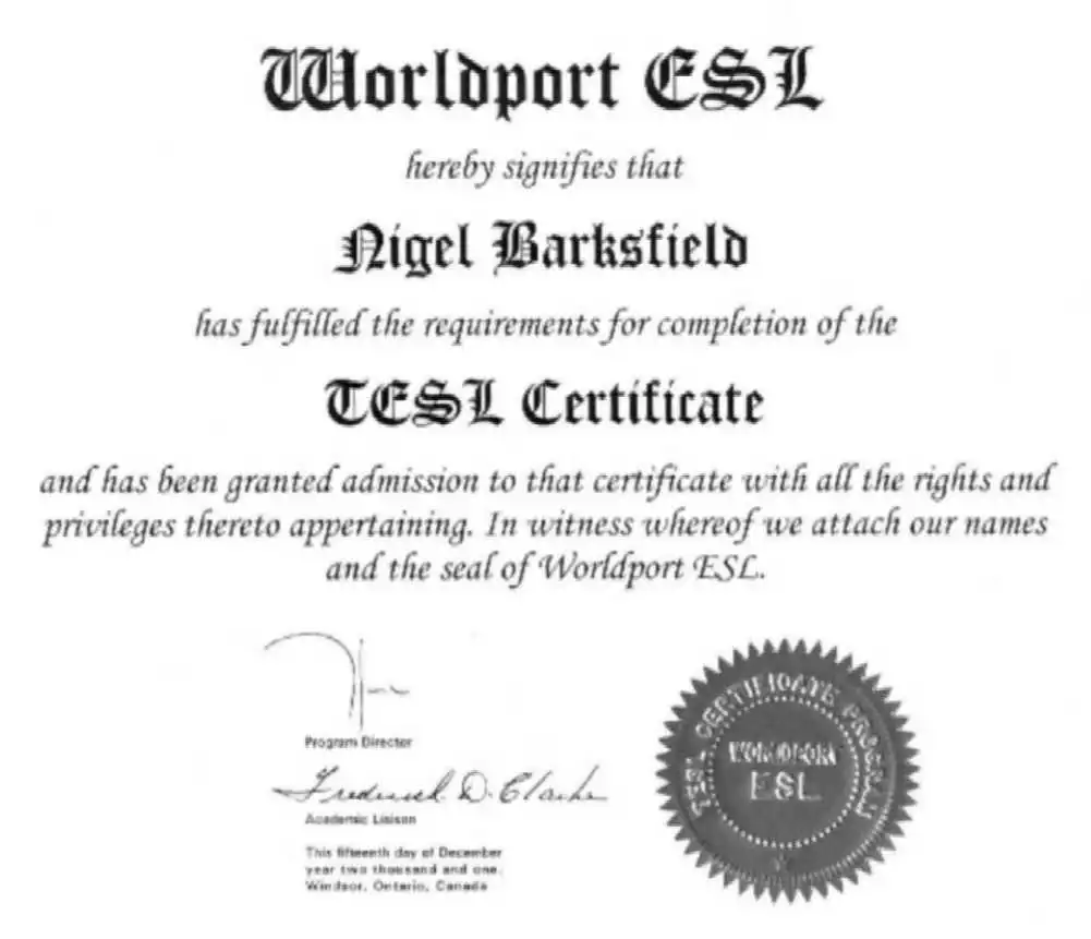 NigelBarksfield.co.uk My TESL certificate from Worldport ESL